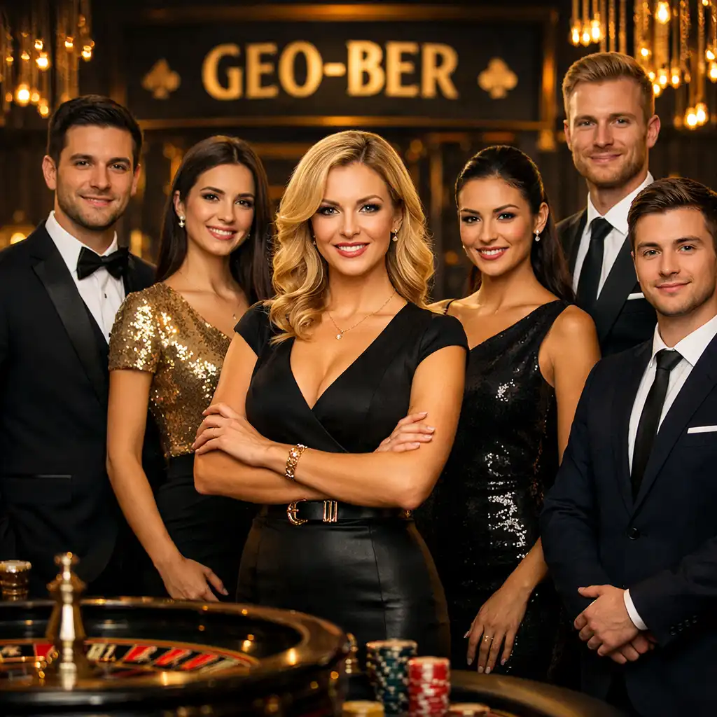 Portret Teresy Bereżańskiej i zespołu GEO-BER przy eleganckim stole kasynowym