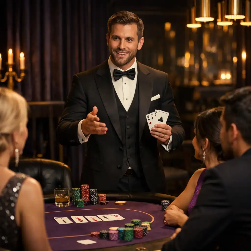 Gospodarz prowadzący wieczór pokerowy przy eleganckim stole