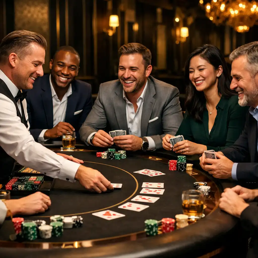 Zespół firmowy przy stole pokerowym podczas integracyjnego eventu GEO-BER